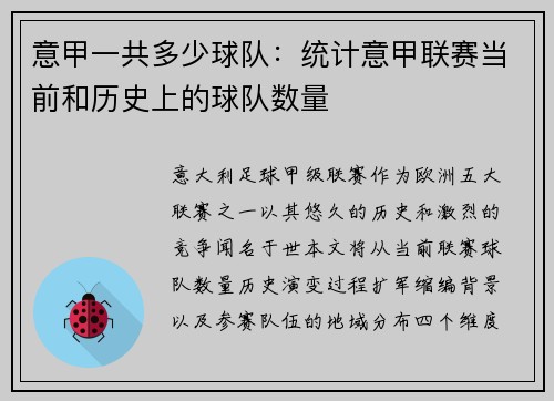 意甲一共多少球队：统计意甲联赛当前和历史上的球队数量